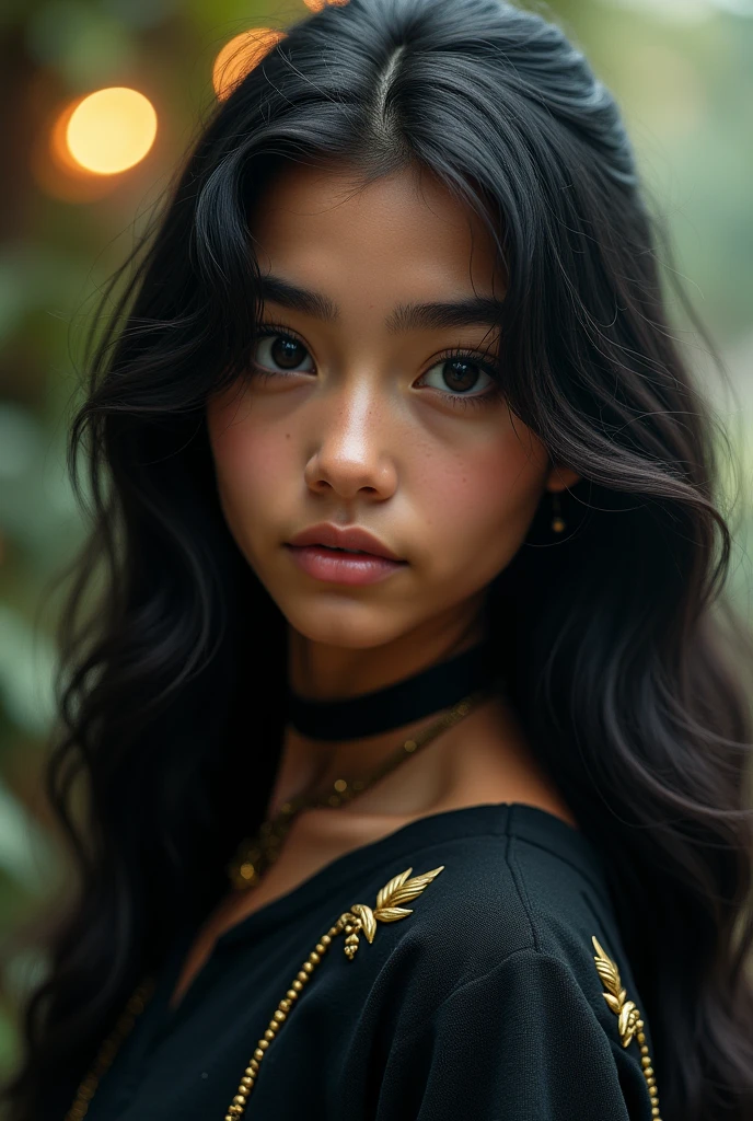 VERY CLOSE UP, PORTRAIT, ONE SMALL POLYNESIAN HAWAIIAN GIRL, VERY DARK BLACK SKIN, LONG HAIR, FLOWER LEI'S ON HEAD, MUMU DRESS, IN A TROPICAL BOTANICAL GARDEN