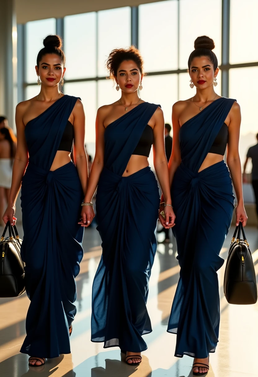 3 indian women, all3 wearing Navy blue saree and black sleeveless blouse, they have busty body, hair bun, fit and busty woman, showing navel visible in saree, sexy navel, walking in airport, bright sunny day, sunrays penetrating, airport back ground, carrying hand bag in right hand, laeather watch, bindi in forehead, earrings, sexy makeup, navel exposed in saree, tight body, curvy body, red lips, attractive woman, 8k details