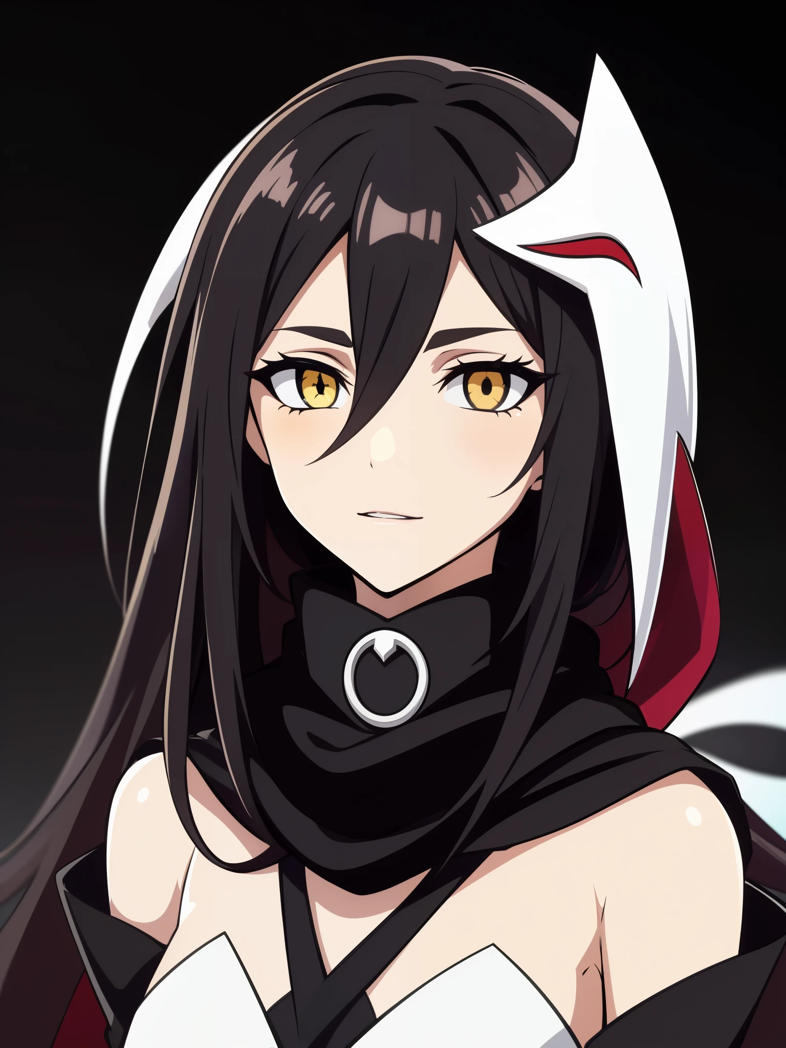 (high-quality, breathtaking),(expressive eyes, perfect face) 1girl, female, solo, adult age, Symmetrical Eyes, simple grey gradient background, long hair, shag hair, portrait, looking at viewer, black cape, scarf, white bone armor, detached collar, hollow mask, espada, golden yellow eye color, hollowfication, ichigo hollow mask inspiration, fox mask, black hair color
