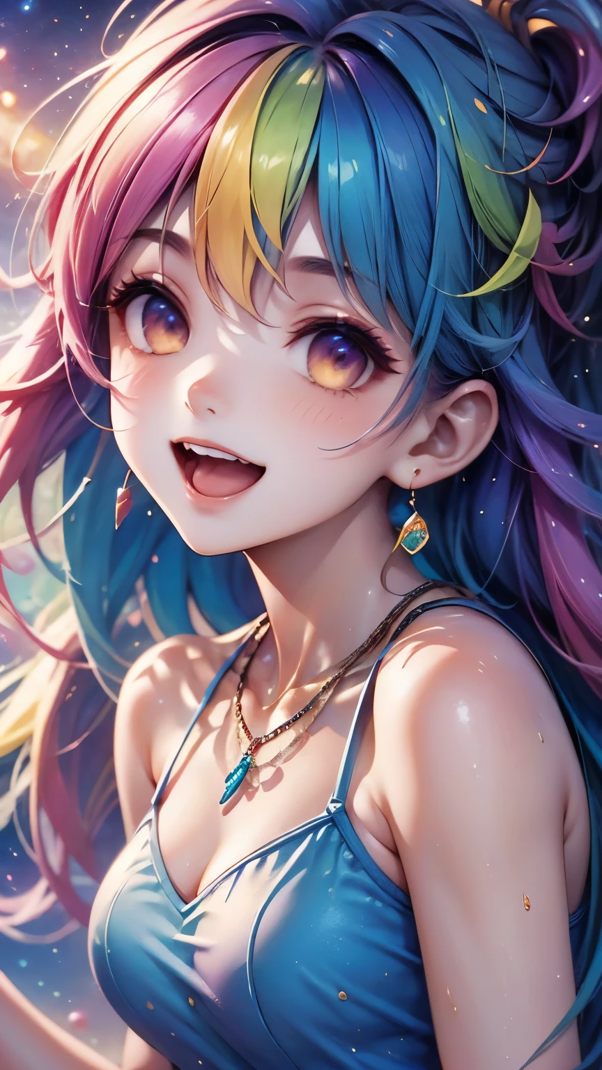 a close up of a woman with  colorful  hair and a necklace,  anime girl with space hair ,  Rosedrows Pastel Vivid , artwork in the style of Gwaiz, Fantasy art style,  colorful ]”,  vivid fantasy style, Ross Draws style cartoon vivid , cosmic and  colorful , Gwaiz,  colorful l digital fantasy art,  Amazing Art Style ,  extra , blush,  heavy makeup ,  laughing in front of the car , 