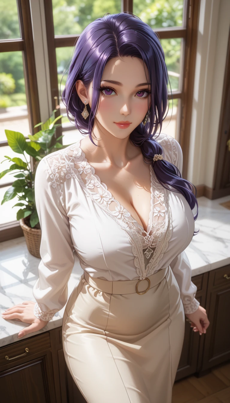 (masterpiece, best_quality:1.2), 1girl, solo, mature female, purple hair, low ponytail, (housewife:1.5, casual clothes, skirt, long sleeves), beautiful eyes, female focus, looking at viewer, large breast, wide hips, ((above view)) ((close up shot)) ((solo)) detailed, very high resolution, no blurry image, (cowboy shot), standing, beautiful, elegant, serene expression, intricate details, detailed background, in the bedroom