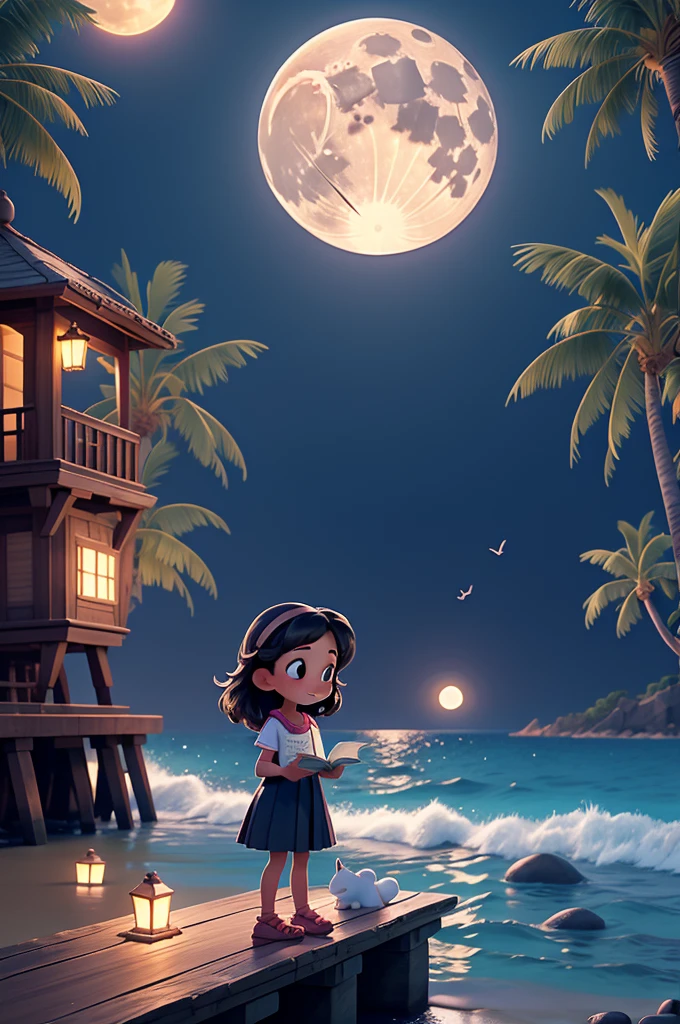 tmasterpiece, best qualityer, 1 girl, Read a book on a stone pier by the sea，the night，Big full moon in background，There are a few cute rabbits around，coconut palms，pixar-style，Disney  style，