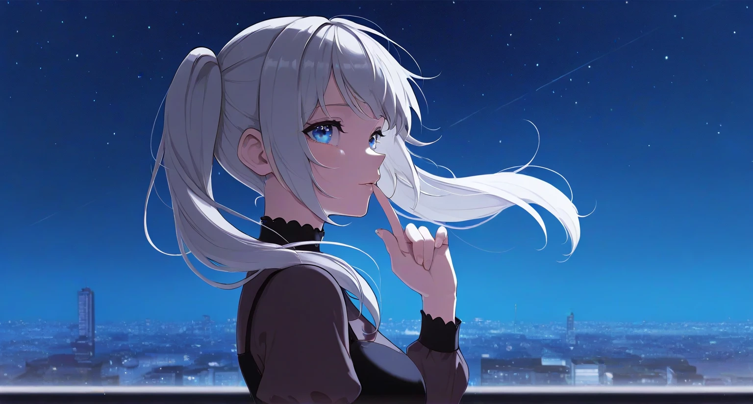  anime girl, masterpiece,  outdoor,  upper body, from side, night cityscape, blue eyes,  Twin Tails ,  Silver Hair,,  watching viewers, Finger to lips,  starry sky , wind,  dress, vivid color ,