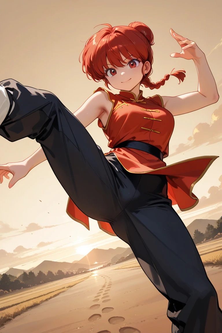 (Alone:1.3), 1 girl \(Ranma, Anime protagonist\(Ranma1/2\),cute, sexy,  braided ed Red Hair,  red eyes, 赤いChinese clothing, smile, Ranma Saotome,  braided , Red Hair, single  braided ,  braided ed ponytail,  red eyes, pants, Chinese clothing,  tank top,  dynamic kung fu action, purple eyeshadow ).background\( Panda from Ranma , simple Chinese design \). break .quality\(8k, wallpaper,  high definition , top-quality, top-quality real texture skin,  surrenders,   footprints are large,  RAW photo, best quality,  very detailed bust, wallpaper, Golden Ratio, highly saturated realism,  bright color, Dramatic lighting,  compelling storytelling, Atmospheric landscape,  Attractive Visuals ,   Intricate Details , Strong emotions, A dreamlike world\),( dynamic angle :1.4)