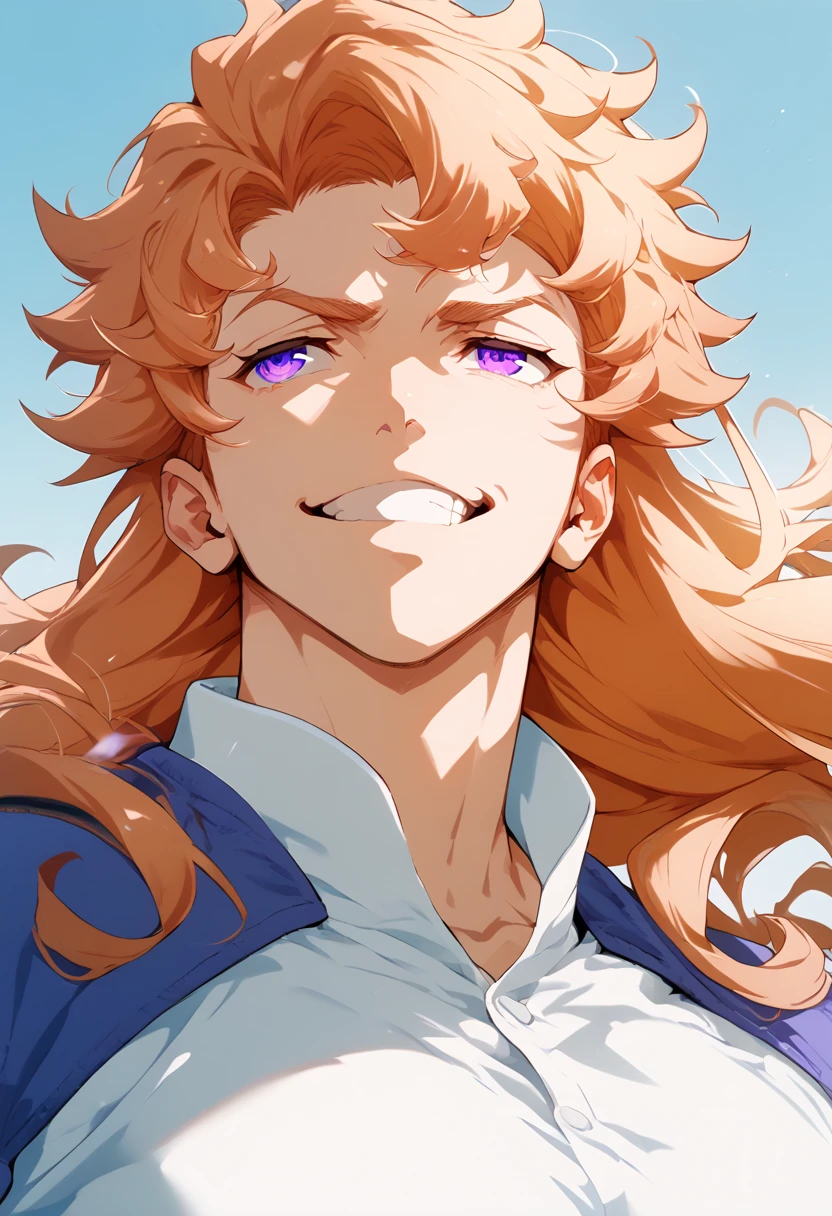 (masterpiece), best quality, high quality, 1 male, young adult, smug expression, pastel orange hair, long hair, half-curly hair, violet eyes, wearing a jacket without shirt, muscle body, muscle, upper body , simple background, looking ahead, portrait, face focus,     