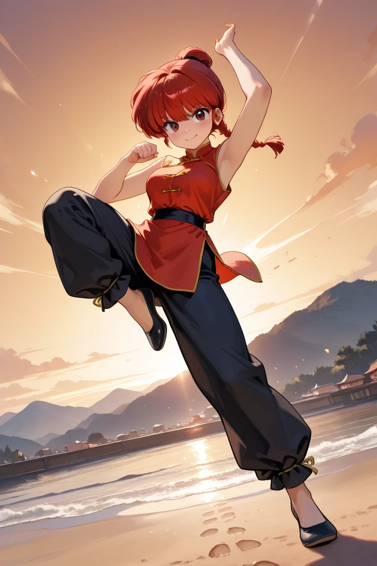 (Alone:1.3), 1 girl \(Ranma, Anime protagonist\(Ranma1/2\),cute, sexy,  braided ed Red Hair,  red eyes, 赤いChinese clothing, smile, Ranma Saotome,  braided , Red Hair, single  braided ,  braided ed ponytail,  red eyes, pants, Chinese clothing,  tank top,  dynamic kung fu action, purple eyeshadow ).background\( Panda from Ranma , simple Chinese design \). break .quality\(8k, wallpaper,  high definition , top-quality, top-quality real texture skin,  surrenders,   footprints are large,  RAW photo, best quality,  very detailed bust, wallpaper, Golden Ratio, highly saturated realism,  bright color, Dramatic lighting,  compelling storytelling, Atmospheric landscape,  Attractive Visuals ,   Intricate Details , Strong emotions, A dreamlike world\),( dynamic angle :1.4) Greek foot sole