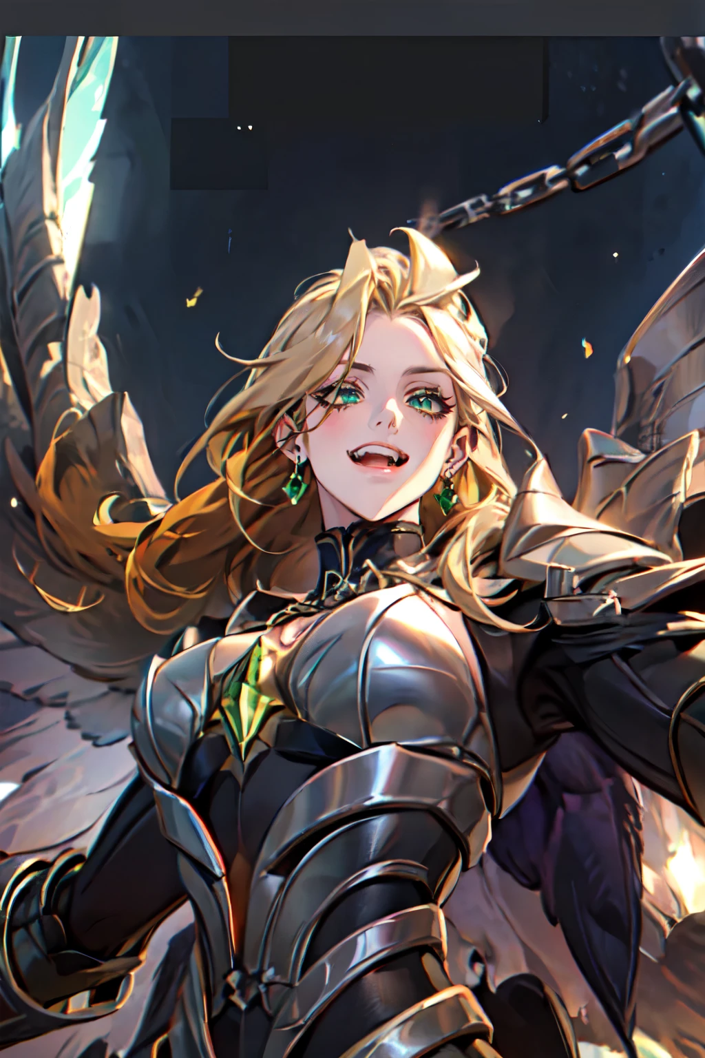 (masterpiece, best quality:1.2), 1girl, solo , emel , black wings , very long hair , green eyes , blonde hair , green crystal on chest , black armor , , earrings , , , blurry background , , fangs , , black feathers , abyss , , yellow hair , laughing , open mouth , taunting , , smirk , grin , , taunting , chain , HOLDING SWORD , from below , hand pose , pointing
