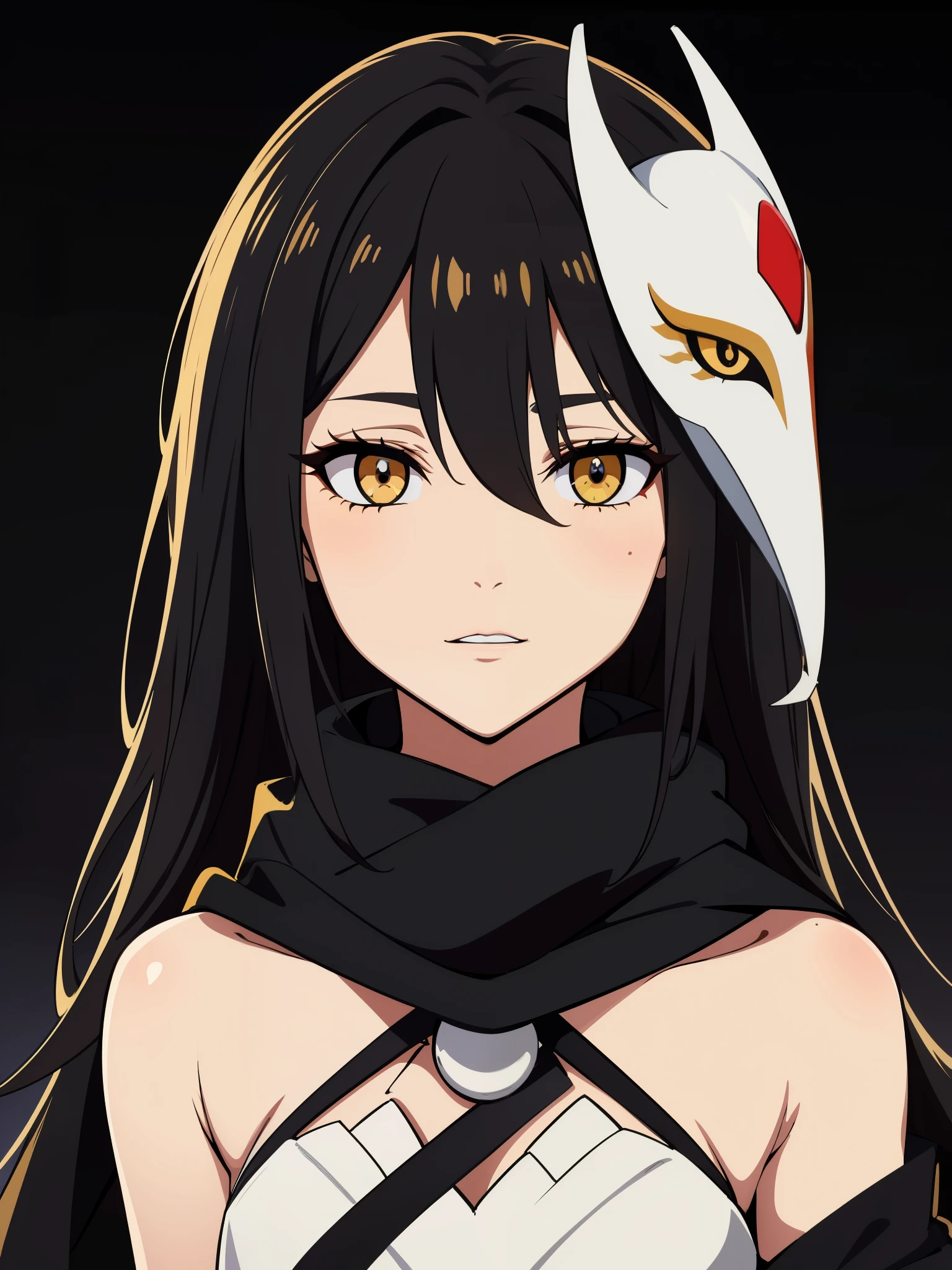 (high-quality, breathtaking),(expressive eyes, perfect face) 1girl, female, solo, adult age, Symmetrical Eyes, simple grey gradient background, long hair, shag hair, portrait, looking at viewer, black cape, scarf, white bone armor, detached collar, hollow mask, espada, golden yellow eye color, hollowfication, ichigo hollow mask inspiration, fox mask, black hair color,
