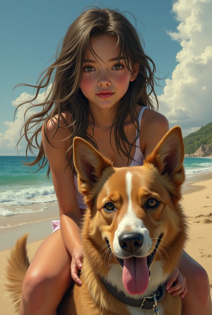  girl on a beach playing in the sand naked with her dog and her little sister 
