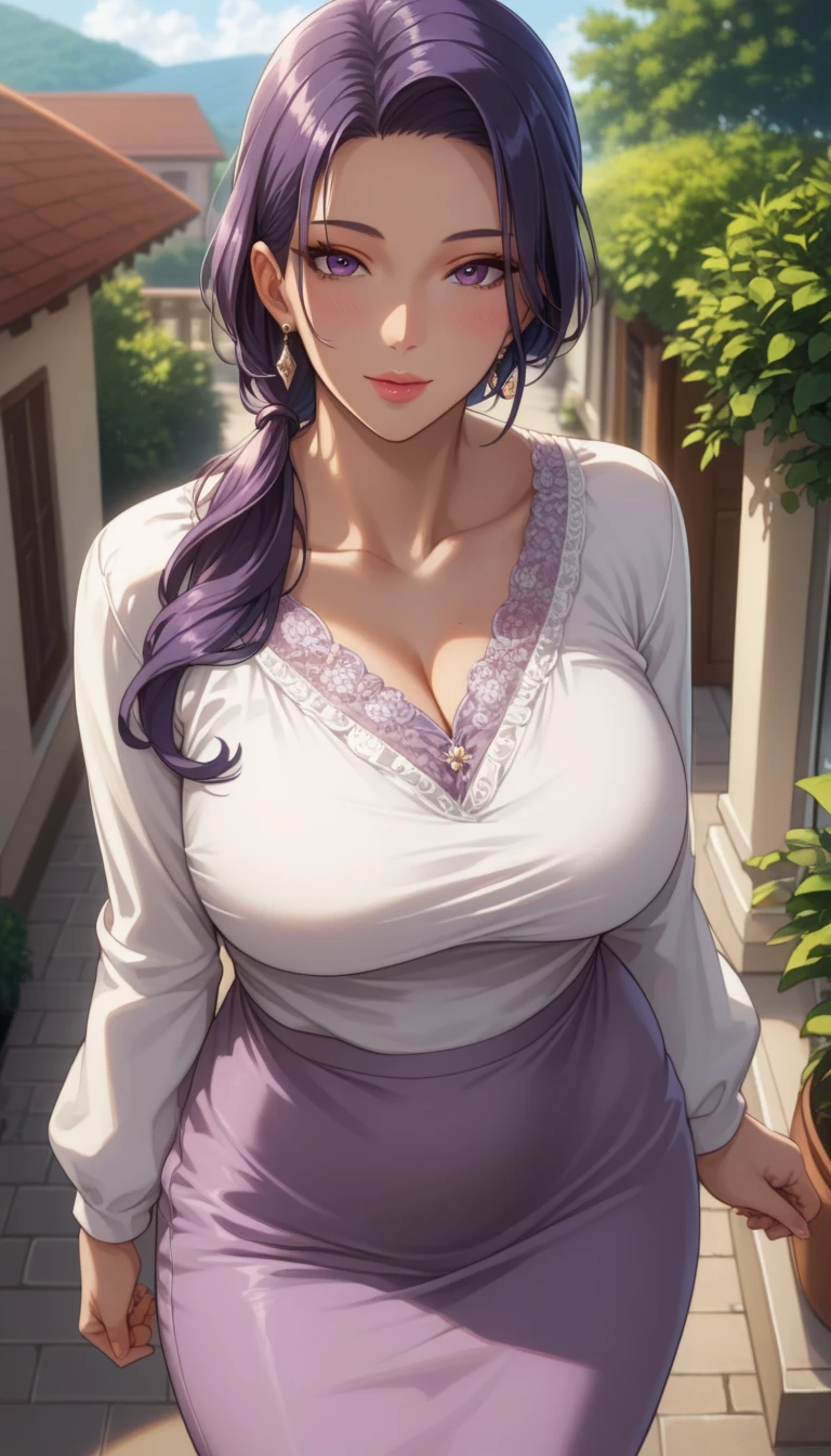 (masterpiece, best_quality:1.2), 1girl, solo, mature female, purple hair, low ponytail, (housewife:1.5, casual clothes, skirt, long sleeves), beautiful eyes, female focus, looking at viewer, large breast, wide hips, ((above view)) ((close up shot)) ((solo)) detailed, very high resolution, no blurry image, (cowboy shot), standing, beautiful, elegant, serene expression, intricate details, detailed background, in the bedroom