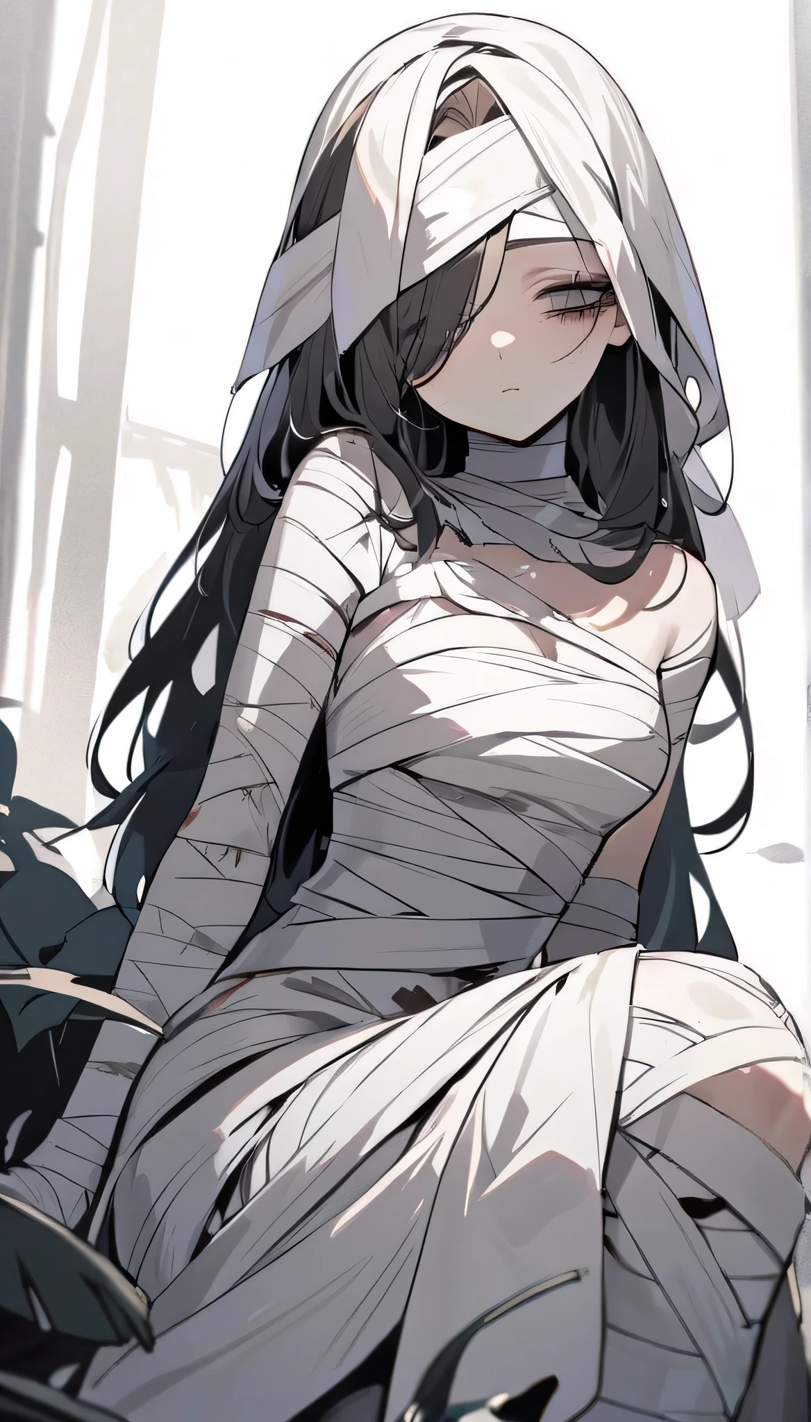 ((masterpiece))、((top-quality))、((Official art))、8K、very detailed illustration、Black hair、Short bob hairstyle、A detailed eye、(Mummy girl with white bandages from head to foot)、Loosely rolled bandage、((Mummified Girl))、Delicate body、((Dark look))、(Depressed look 1.5)、Professional Model Pose、glamor、seminude