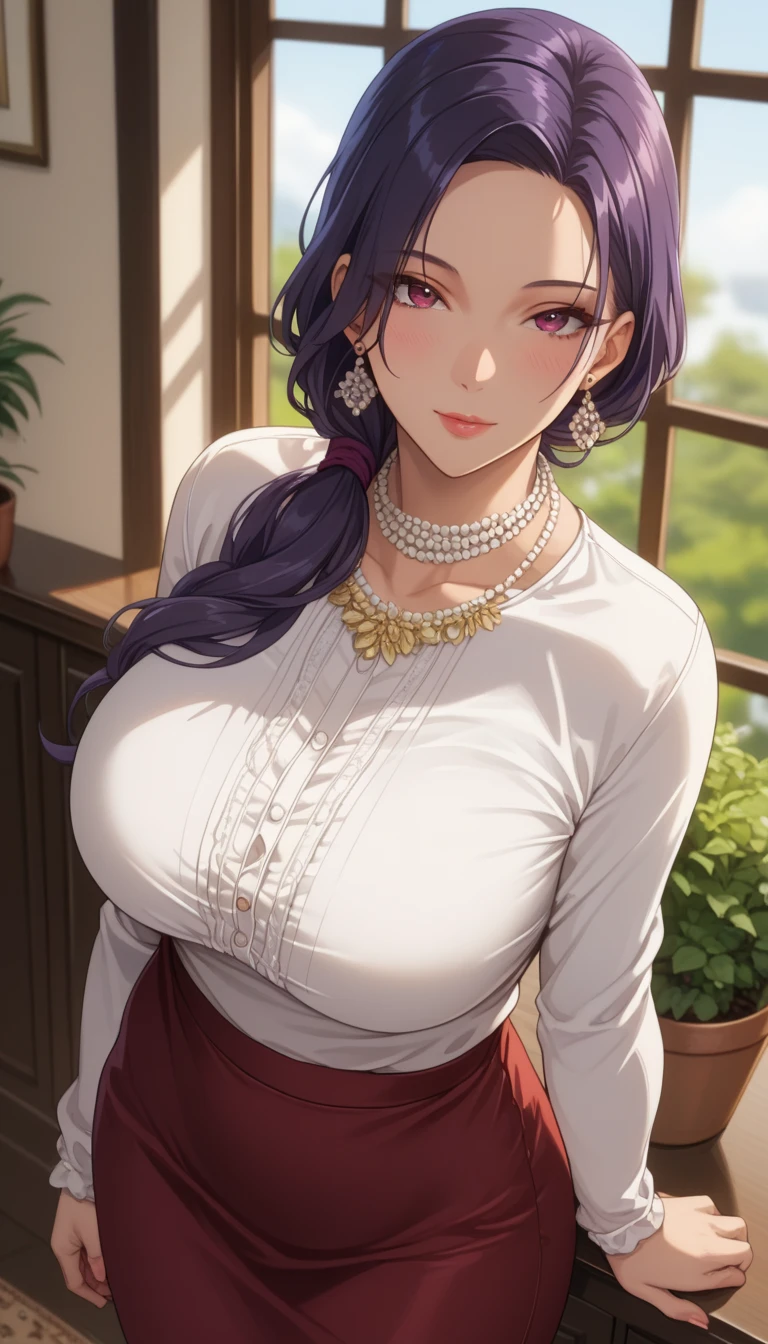 (masterpiece, best_quality:1.2), 1girl, solo, mature female, purple hair, low ponytail, (housewife:1.5, casual clothes, skirt, long sleeves), beautiful eyes, female focus, looking at viewer, large breast, wide hips, ((above view)) ((close up shot)) ((solo)) detailed, very high resolution, no blurry image, (cowboy shot), standing, beautiful, elegant, serene expression, intricate details, detailed background, indoors, bedroom:1.3