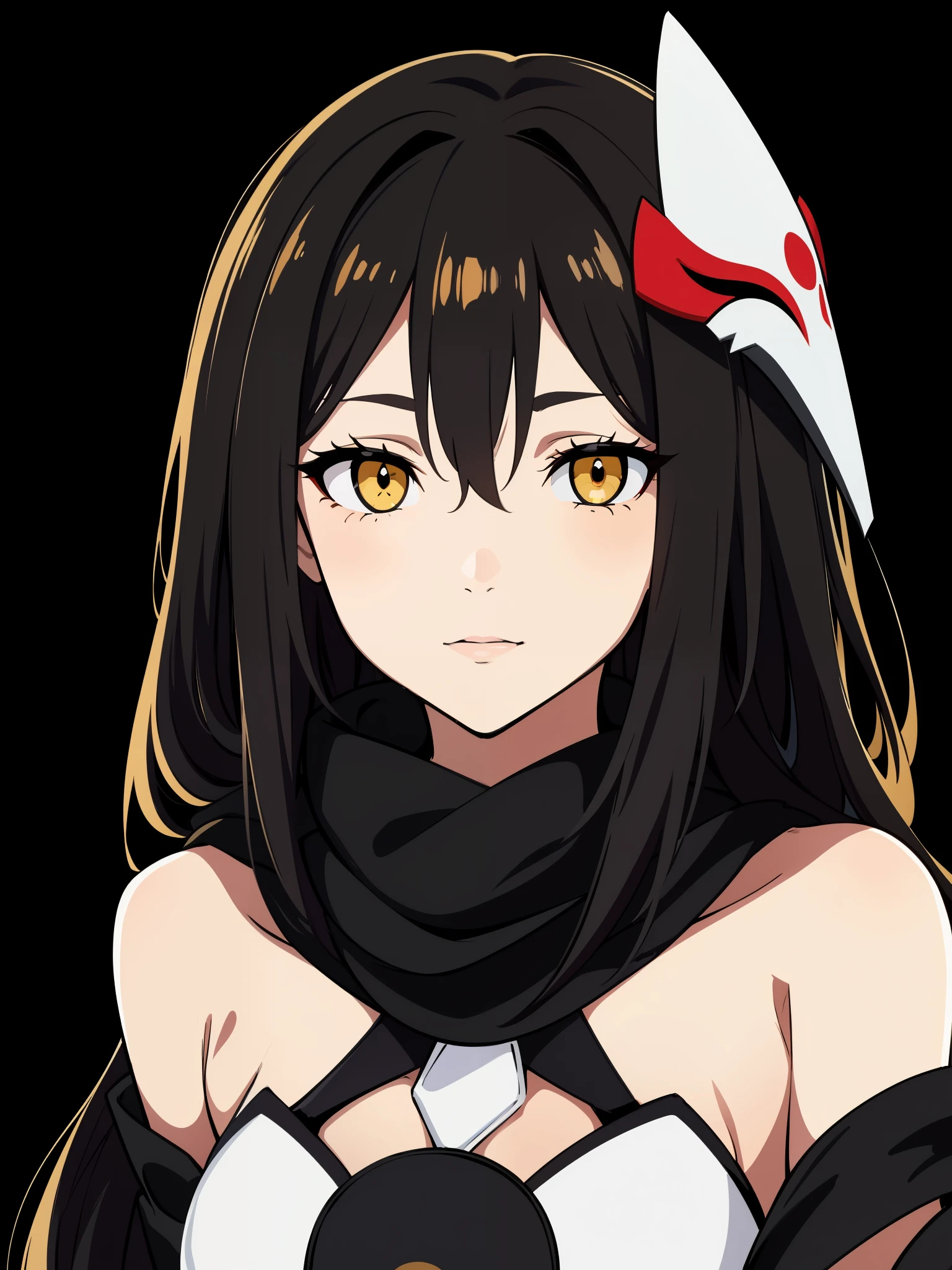 (high-quality, breathtaking),(expressive eyes, perfect face) 1girl, female, solo, adult age, Symmetrical Eyes, simple grey gradient background, long hair, shag hair, portrait, looking at viewer, black cape, scarf, white bone armor, detached collar, hollow mask, espada, golden yellow eye color, hollowfication, ichigo hollow mask inspiration, fox mask, black hair color,
