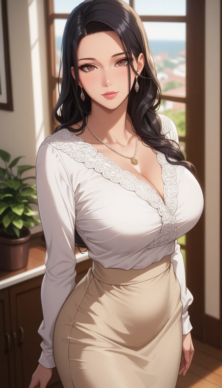 (masterpiece, best_quality:1.2), 1girl, solo, mature female, tsub, long hair, black hair, (housewife:1.5, casual clothes, skirt, long sleeves), beautiful eyes, female focus, looking at viewer, large breast, wide hips, ((above view)) ((close up shot)) ((solo)) detailed, very high resolution, no blurry image, (cowboy shot), standing, beautiful, elegant, serene expression, intricate details, detailed background, indoors, bedroom:1.3