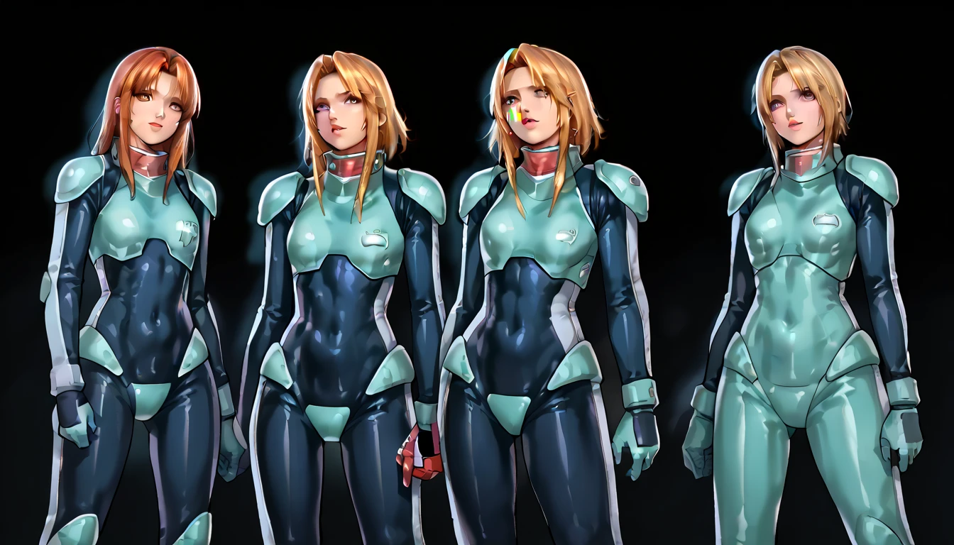 masterpiece, 8K high quality, multiple girls, girls group, female zombies((dead alive)), pilotsuits, standing attention, legs apart, black background,