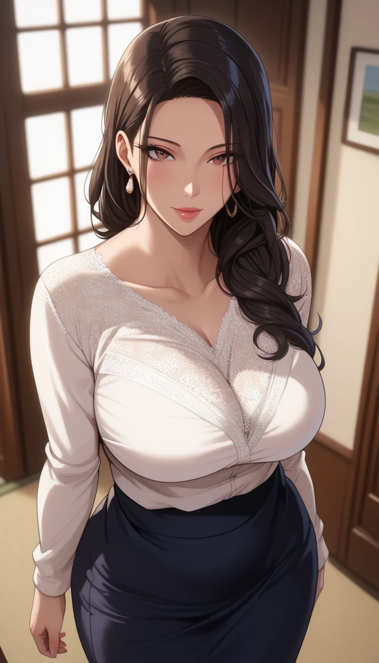 (masterpiece, best_quality:1.2), 1girl, solo, mature female, tsub, long hair, black hair, (housewife:1.5, casual clothes, skirt, long sleeves), beautiful eyes, female focus, looking at viewer, large breast, wide hips, ((above view)) ((close up shot)) ((solo)) detailed, very high resolution, no blurry image, (cowboy shot), standing, beautiful, elegant, serene expression, intricate details, detailed background, indoors, bedroom:1.3