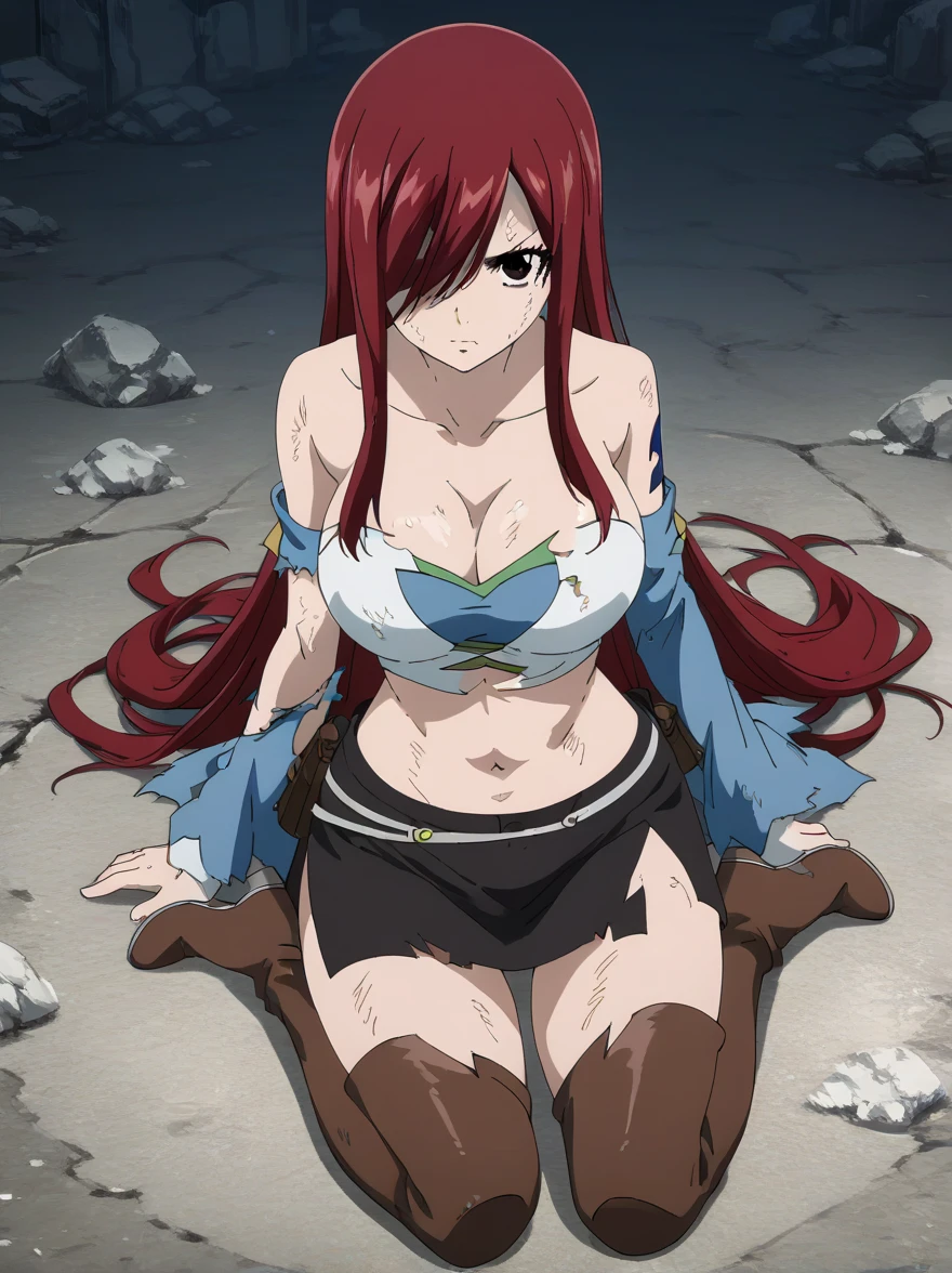 score_9, score_8_up, score_7_up, score_6_up, score_5_up,
1girl, breasts, ERZA SCARLET, erza scarlet, long hair , red hair, brown eyes, torn_clothes, thighhighs, long_hair, skirt, cleavage, large_breasts, navel, detached_sleeves, boots, thigh_boots, midriff, bare_shoulders, looking_at_viewer, sitting, torn_skirt, miniskirt, collarbone, black_skirt, kneeling, torn_legwear, tube_top, full_body, bangs, brown_footwear, seiza
 