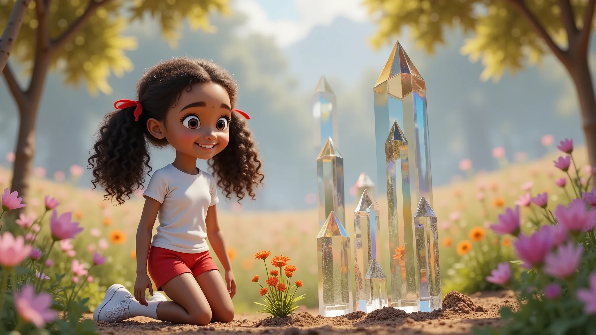 Alice kneels in the field of flowers with a tranquil smile, planting magical seeds that quickly grow into crystal trees. Her eyes reflect the glow of the surrounding flowers. Style: Inspired by films, characters, and promotional 3D posters in the Disney-Pixar style. Visual Details: Each scene should be crafted with attention to detail, vibrant colors, and convey fantasy and emotion. Alice: An girl, sun-kissed fair skin, curly ringlet hair tied with two red ribbons. Of mixed origin, with a Black father and White mother. She wears a plain white T-shirt, short red shorts, white socks, and white sneakers. She is charming, captivating, and her smile enchants everyone.