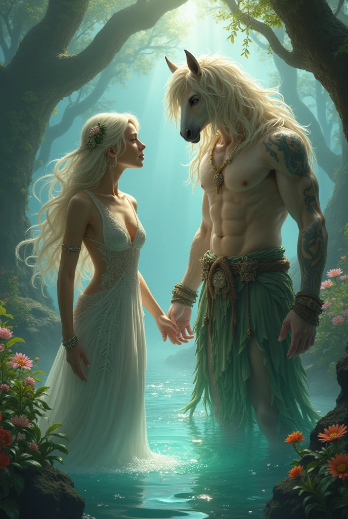 on the beach, 5 small full body, naked, naked woman lie on ground, small man riding white horse white looking back, white feather cloak, shield, bow, sword, female greek god, white hair, masculine, mature, naked, hairy torso, fantasy, intricate, elegant, highly detailed, digital painting, artstation, concept art, smooth, sharp focus, illustration, art by gaston bussiere and alphonse mucha, almost naked