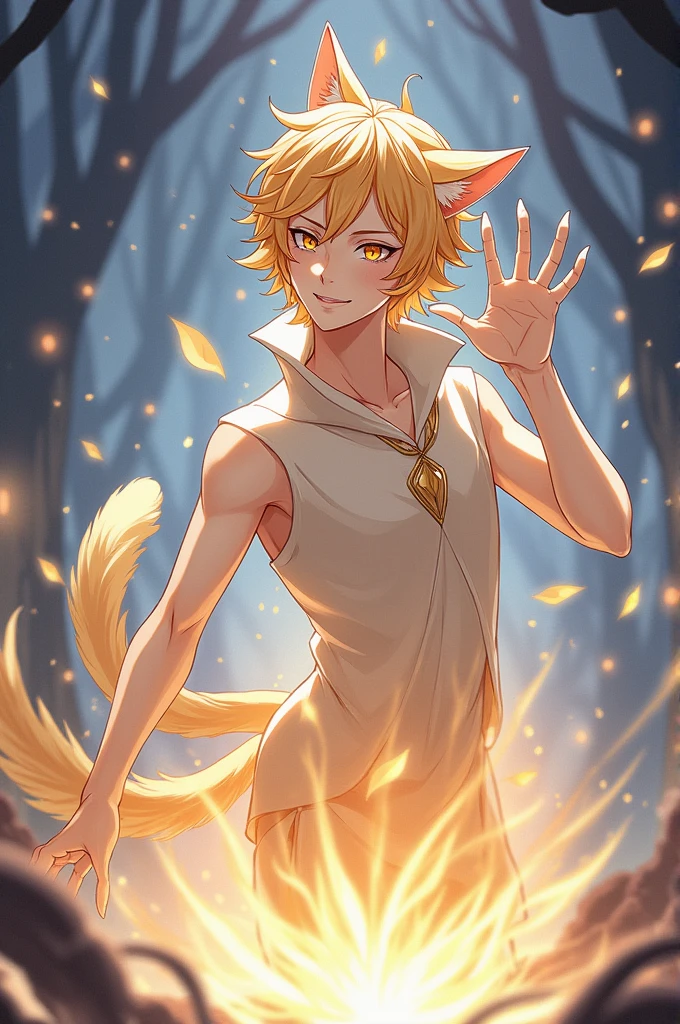 (by iskra), Beautiful male anthro cat, golden fur, pink cat nose, short messy golden hair, with very big eyes, his eyes light up orange, very bright orange pupils, big golden eyelashes, golden eyebrows, toned body, high school dxd anime art style