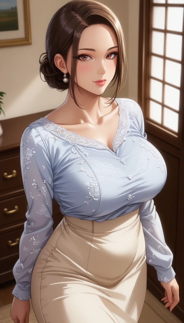 (masterpiece, best_quality:1.2), 1girl, solo, mature female, tsub, (housewife:1.5, casual clothes, skirt, long sleeves), beautiful eyes, female focus, looking at viewer, large breast, wide hips, ((above view)) ((close up shot)) ((solo)) detailed, very high resolution, no blurry image, (cowboy shot), standing, beautiful, elegant, serene expression, intricate details, detailed background, indoors, bedroom:1.3