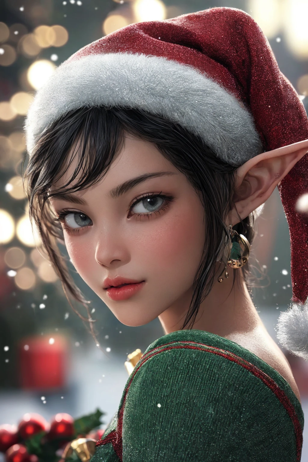 (best quality, masterpiece, photorealistic, elaborate details:1.2), Female Christmas Elf. Pointy Ears, Christmas background, 3D photorealistic illustration, anime style, elaborate details