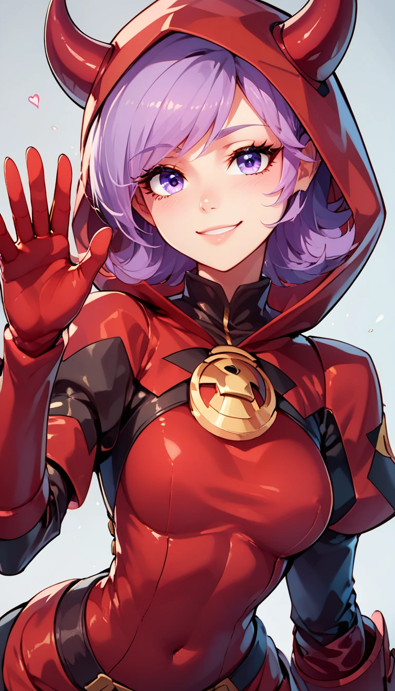 score_9, score_8_up, score_8, medium breasts, (curvy), cute, eyelashes,       BREAK, , zzCourtney, purple hair, short hair, purple eyes, red hood, fake horns, gloves, team magma uniform, BREAK, looking at viewer,  smile, waving, upper body, leaning forward, head tilt,  embedding:zPDXL, Expressiveh, 