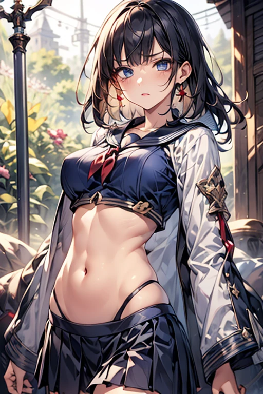 
最 high image quality, masterpiece, 4K,  high image quality,  super high resolution ,  of the prairie , CG drawing（ one cool adult female swordsman） Hair、 black hair、 Hairstyle、、 straight、Bob。Tall、 Slender、（Sexually、Attractive body）
 （ open the front of my slender, slender, raised 、Long, sharp eyes、 very long eyelashes ）High and beautiful nose（ blue eyes。Delicate eyes、  beautiful eyes、 beautiful 、 red lips。 toned body。 beautiful waistline、 sharp body in the middle 。
、lipstick、 Completely-valid。） （Perfect、 beautiful eyes）（（ and 、Open the front of the jacket 、Pointy and upward、 beautiful shaped tits in a short-sleeved sailor suit、Showing off。 belly button out、 navy blue mini pleated skirt with a short inseam、Panties、 glances 。））
Deep Forest、A female swordsman、Stand。）
 biologically 、正しい身体
A female swordsman、Cheek、Bright red、 sad expression。