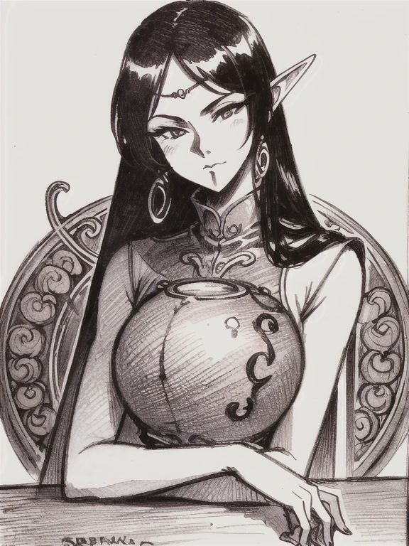 Black and White, ((sepia)), ((pencil drawing )), ((  Masterpiece , Best Quality)), (( 1 girl )), Anime,  black hair, Dark Skin, Shiny glasses lenses, Mouth closed and expressionless,  sitting, She holds a glowing sphere in her hand.、Two other glowing spheres orbit her..