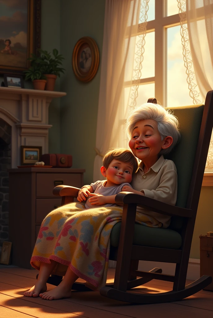 Estilo Pixar: Old man is holding a dark-eyed naked girl and in his other hand, 3D Poster,Disney