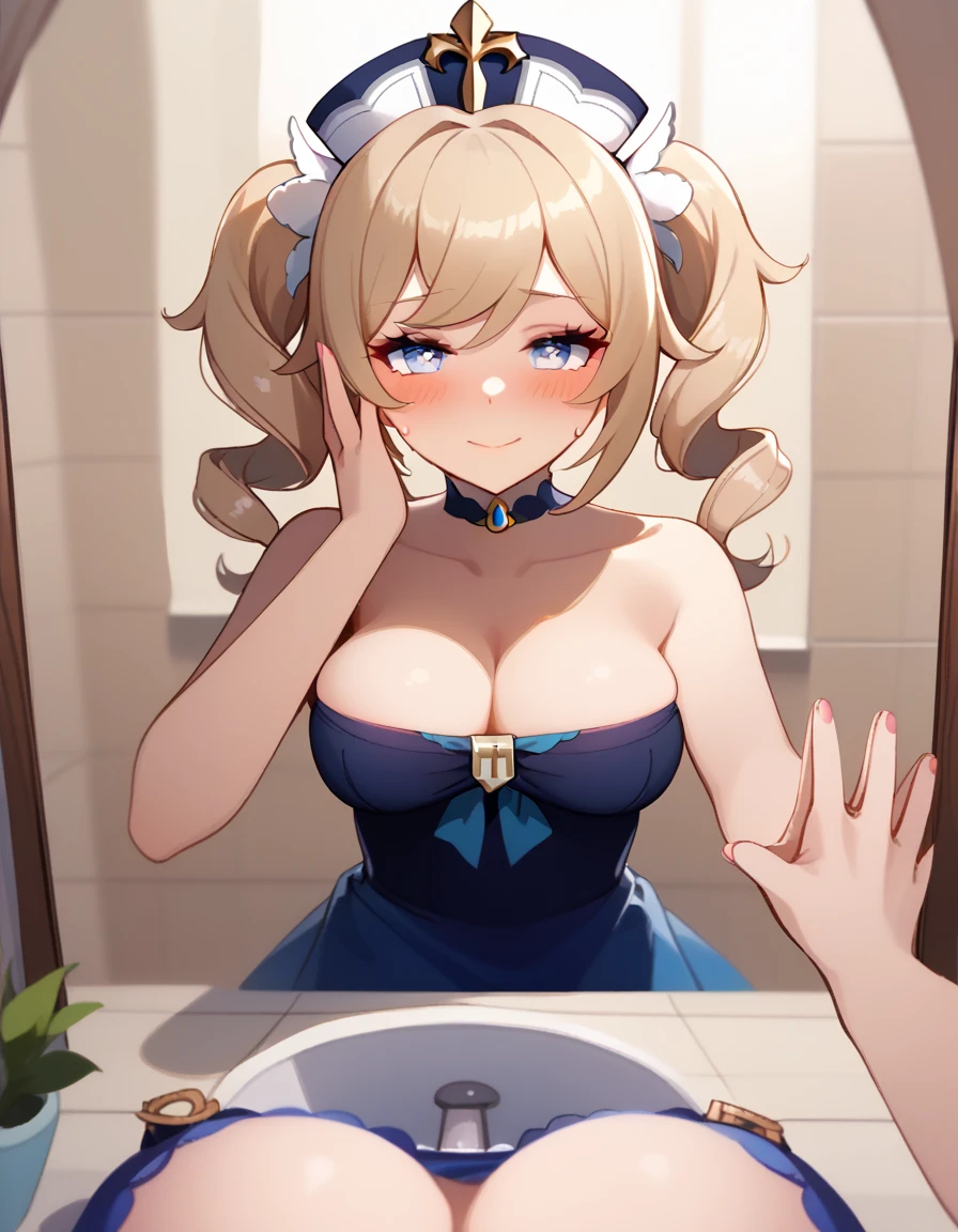 score_7, score_8, score_9,anime screencap, explicit, nsfw,seductive pose,. detailed background,ultra high detailed,perfect (background is bathroom) ,(close up), cowboy shot, ultra high detailed,masterpiece,(upper body), (close-up),BREAK Solo, 1girl,female,leaning forward, flustered, (open mouth:0.7), (sweat:1.0), pov_first_person_view, first person view, reflection, (mirror image:1.2), solo, single, (breasts in foreground:1.6), hair in foreground, touching mirror, outstretched arm,barbara_\(genshin_impact\), cleavage,(hand on own cheek:1.05),outstreched arm,hand touching mirror,narrow waist,perfect hands,