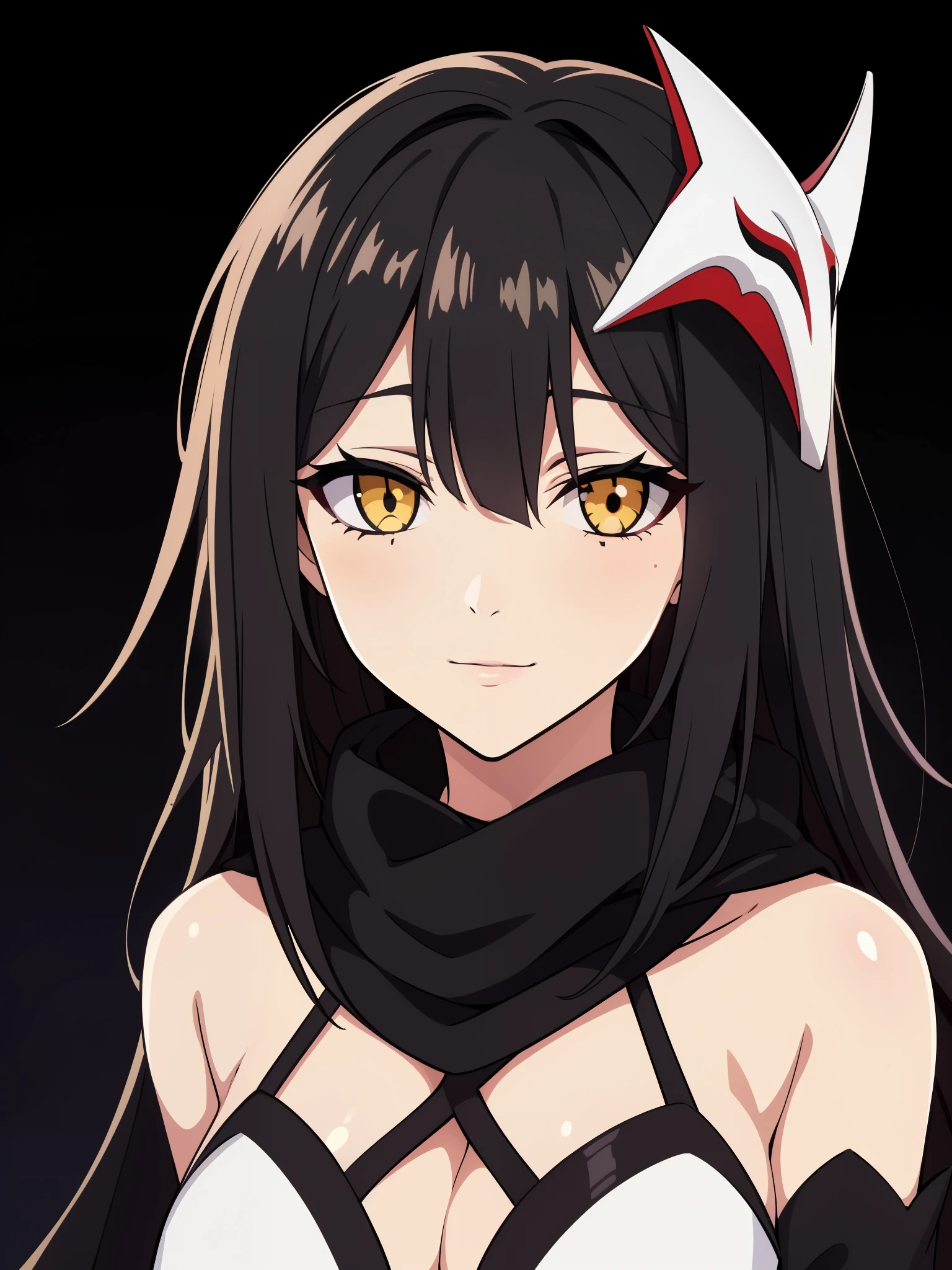 (high-quality, breathtaking),(expressive eyes, perfect face) 1girl, female, solo, adult age, Symmetrical Eyes, simple grey gradient background, long hair, shag hair, portrait, looking at viewer, black cape, scarf, white bone armor, detached collar, hollow mask, espada, golden yellow eye color, hollowfication, ichigo hollow mask inspiration, fox mask, black hair color, bmb-fc

