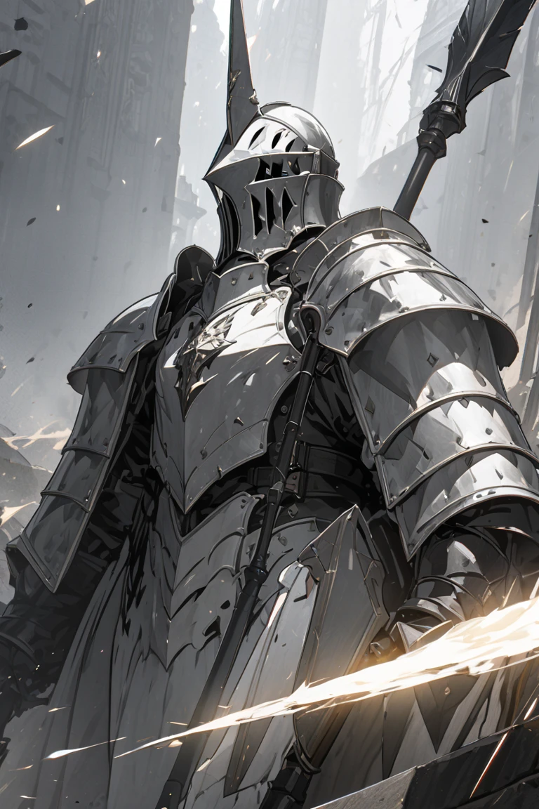 knight，white chest armor 、 black hand armor 、male、Immediate Gun、 Holding Lance，shield、 holding shield、8k， HD Wallpapers ， High Quality ，masterpiece