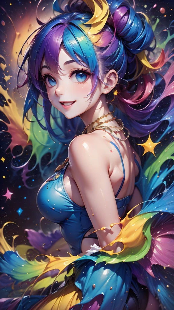 a close up of a woman with  colorful  hair and a necklace,  anime girl with space hair ,  Rosedrows Pastel Vivid , artwork in the style of Gwaiz, Fantasy art style,  colorful ]”,  vivid fantasy style, Ross Draws style cartoon vivid , cosmic and  colorful , Gwaiz,  colorful l digital fantasy art,  Amazing Art Style ,  extra , Close one eye ,  Seductive Smile, 