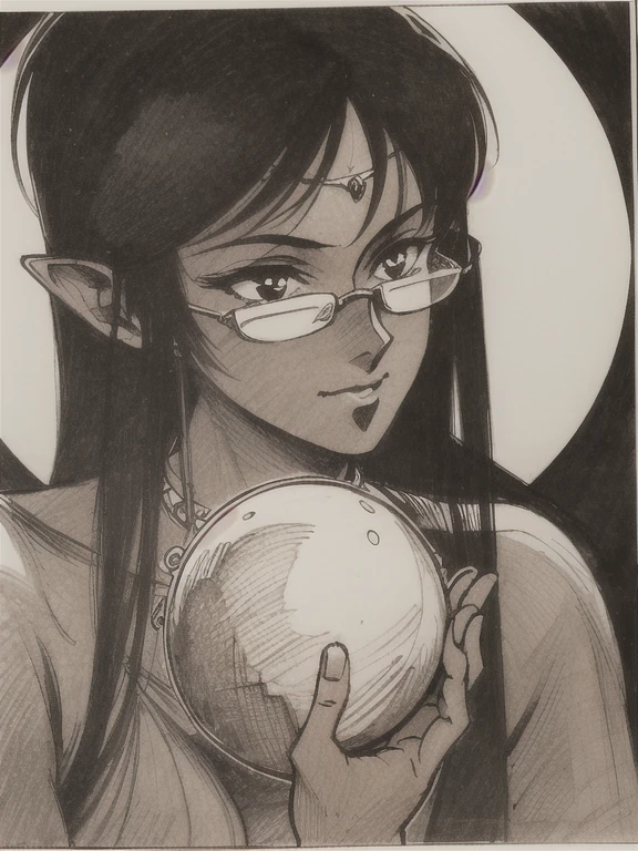 Black and White, ((sepia)), ((pencil drawing )), ((  Masterpiece , Best Quality)), (( 1 girl )), Anime,  black hair, Dark Skin, Shiny glasses lenses,  sitting, She holds a glowing sphere in her hand.、Two other glowing spheres orbit her..