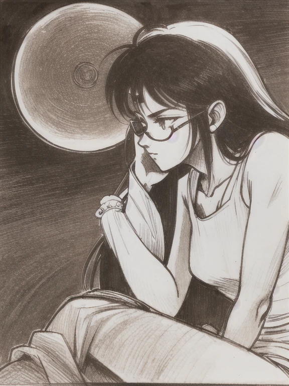 Black and White, ((sepia)), ((pencil drawing )), ((  Masterpiece , Best Quality)), (( 1 girl )), Anime,  black hair, Dark Skin, Shiny glasses lenses,  sitting, She holds a glowing sphere in her hand.、Two other glowing spheres orbit her..