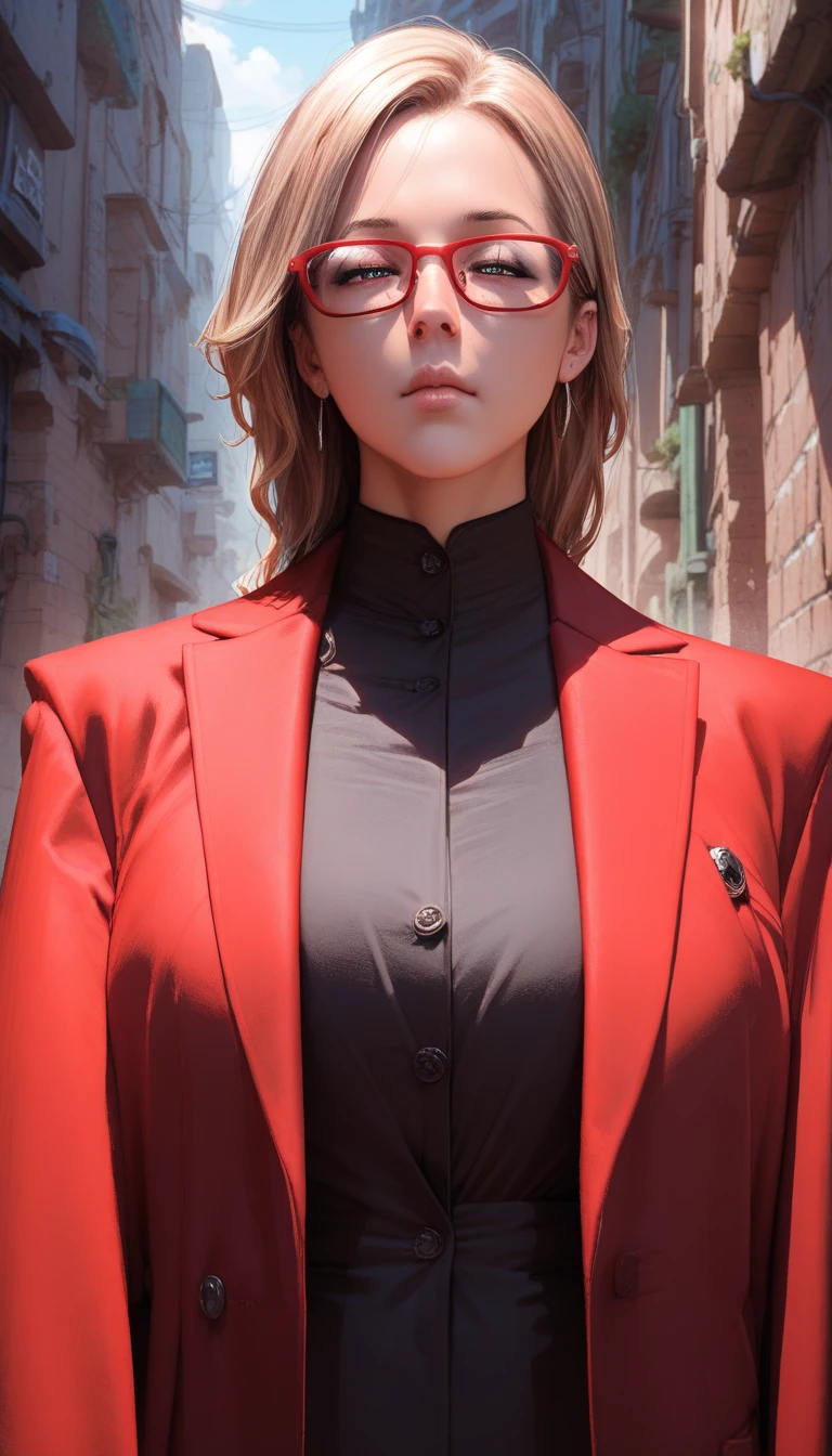 milf, coat, suit, look at viewer, close up, sleepy eyes, hd,realistic, glazing,in alley, red glasses