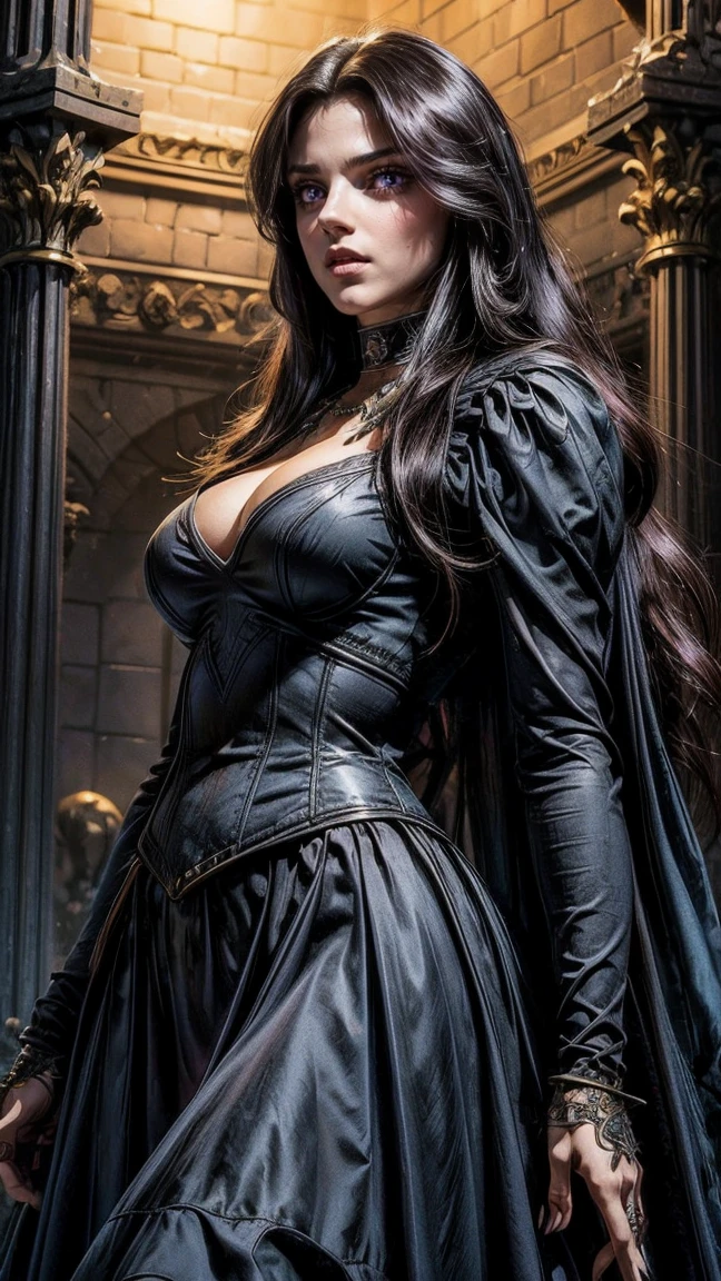 (Katie McGrath face), Generate an illustration of a young (Yennefer of Vengerberg), of Witcher 3,  hair combed to sides, layered haircut, de terno preto, long hair flows to her back, hair flows straight down, black hair, Ultrarealistic Violet eyes, both eyes are similar, (big round breasts), deep cleavage, round ass, black Corset outfit in anime format with a serious style, ((black strapless dress)), Ruby black velvet choker, grey tights, black boots, gothic make up, masterpiece, ((dark lighting)), black background, puffy lips,slendered toned abs, beautiful face