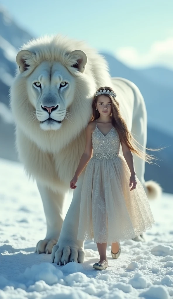 Elegant blonde girl with crown posing next to a white lion 