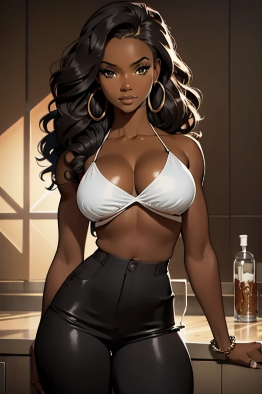 Beautiful black sfw realistic photo, thin and thick waist, but thin, Dangerous curves, cubierto de milk goteando, exposed,  seductive, African,  tanned skin, black tube top, piel oscura, found, neckline, senos exposeds, Breast Recess,  trend in hyperrealism portrait Pixiv, At home, pose sexy, 19 years old. Esta empapada de milk, milk, milk.