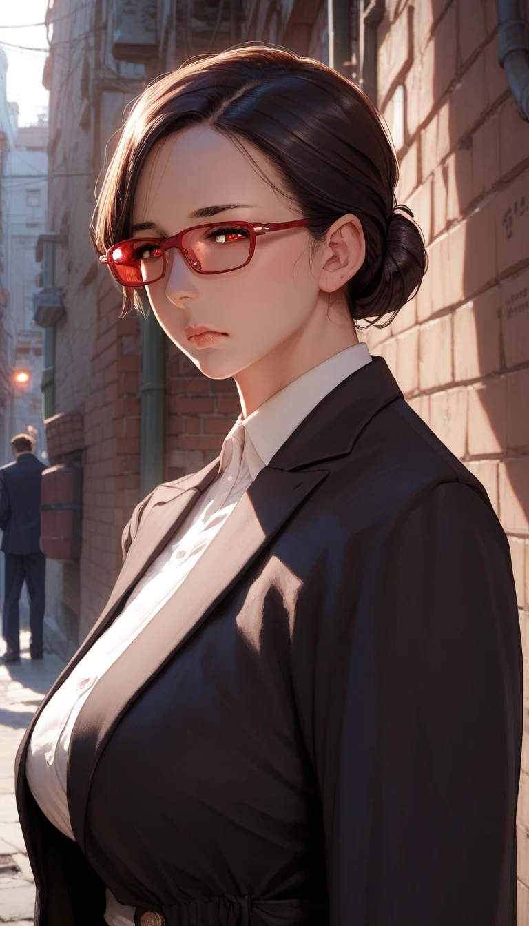 milf, coat, suit, look at viewer, close up, sleepy eyes, hd,realistic, glazing,in alley, red lens glasses, bun hair