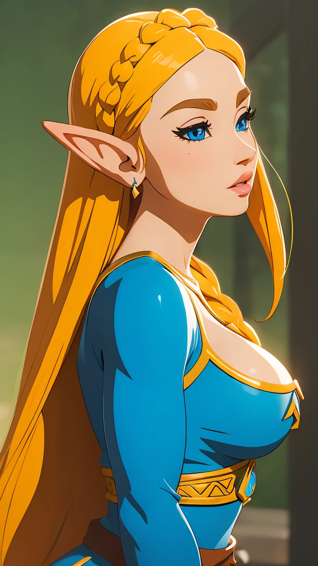 (( Masterpiece)), (( Best Quality )), ( Detailed ), Perfect, Alone, zelda,  beautiful woman , delicious lips,  long hair, Pecho enorme,  deep neckline, Pecho enormes, sexy,