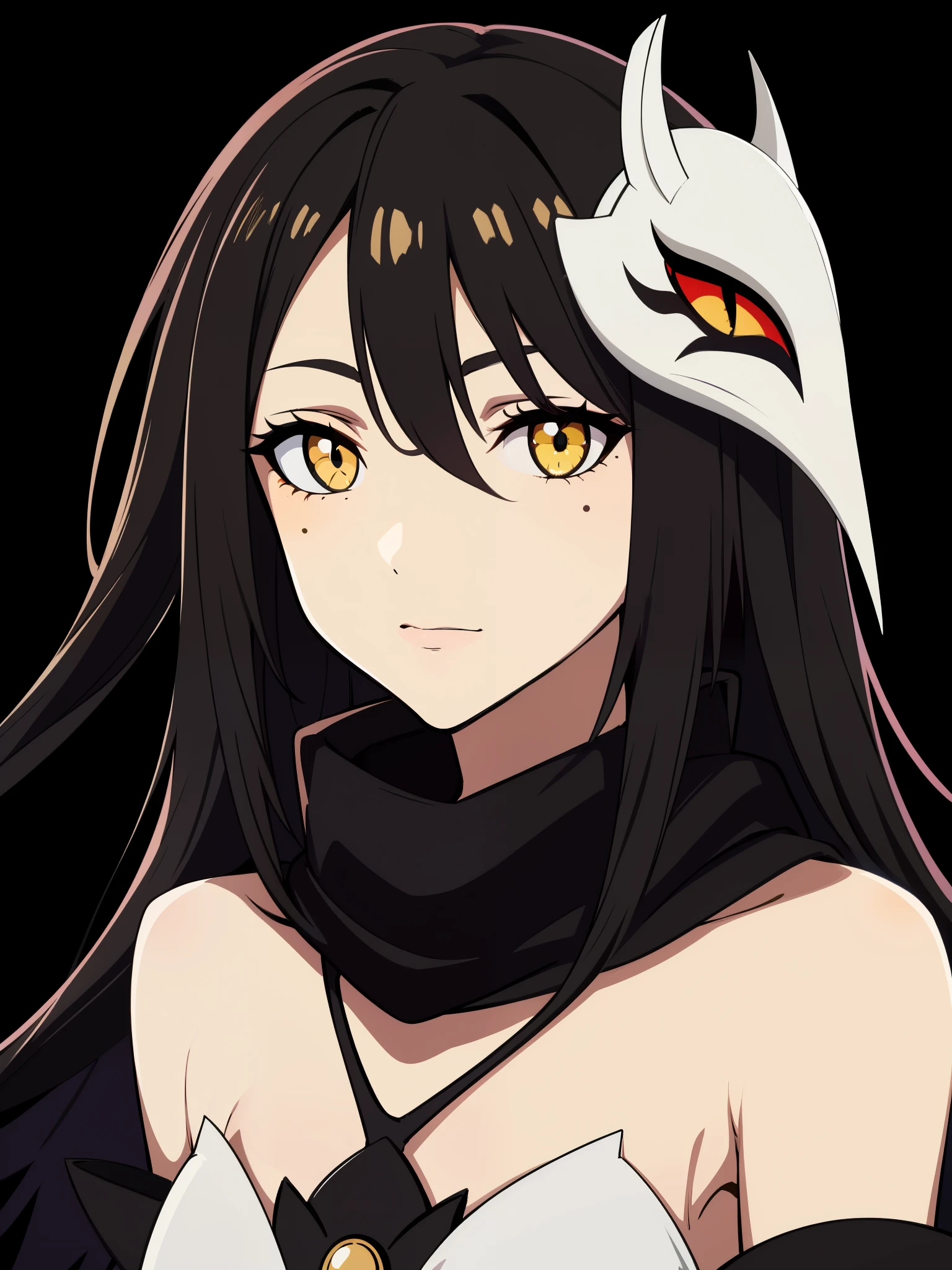 (high-quality, breathtaking),(expressive eyes, perfect face) 1girl, female, solo, adult age, Symmetrical Eyes, simple grey gradient background, long hair, shag hair, portrait, looking at viewer, black cape, scarf, white bone armor, detached collar, hollow mask, espada, golden yellow eye color, hollowfication, ichigo hollow mask inspiration, fox mask, black hair color, bmb-fc

