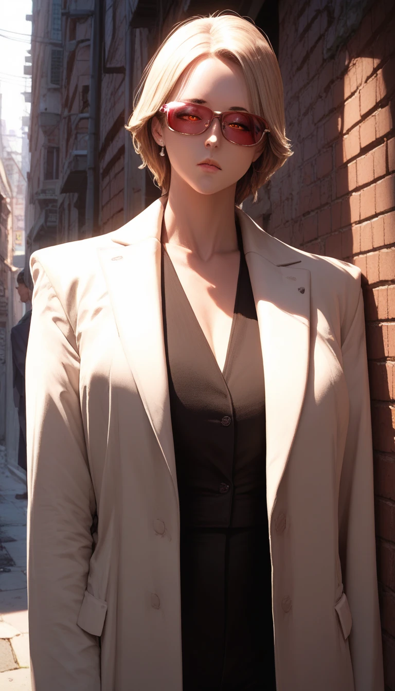 milf, coat, suit, look at viewer, close up, sleepy eyes, hd,realistic, glazing,in alley, red lens glasses, fullbody