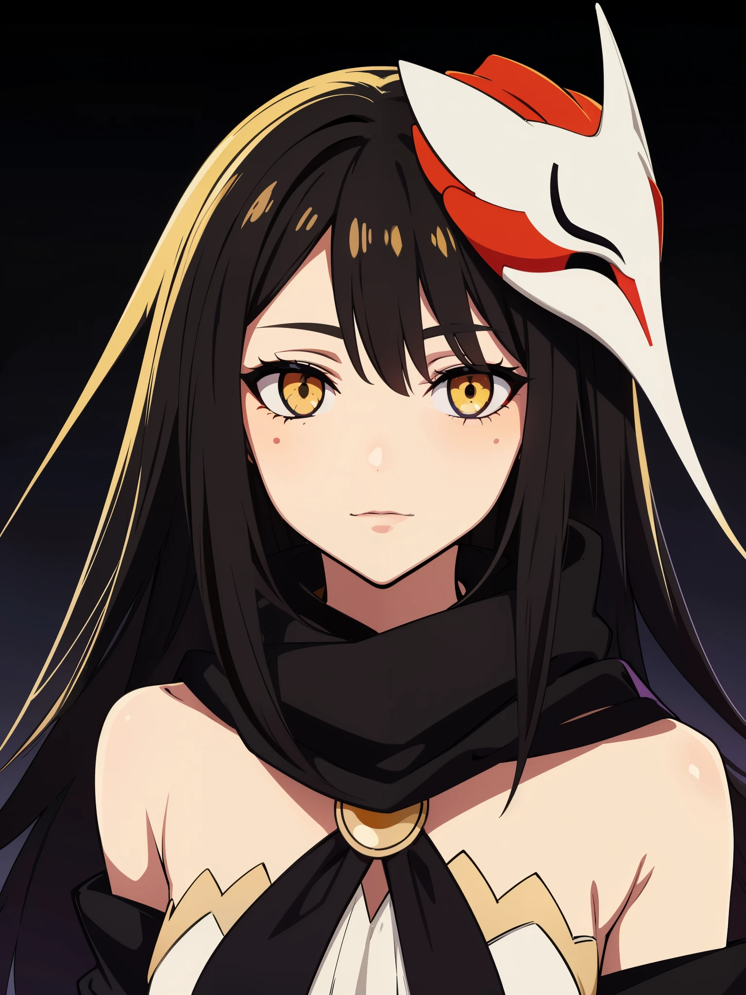 (high-quality, breathtaking),(expressive eyes, perfect face) 1girl, female, solo, adult age, Symmetrical Eyes, simple grey gradient background, long hair, shag hair, portrait, looking at viewer, black cape, scarf, white bone armor, detached collar, hollow mask, espada, golden yellow eye color, hollowfication, ichigo hollow mask inspiration, fox mask, black hair color, bmb-fc

