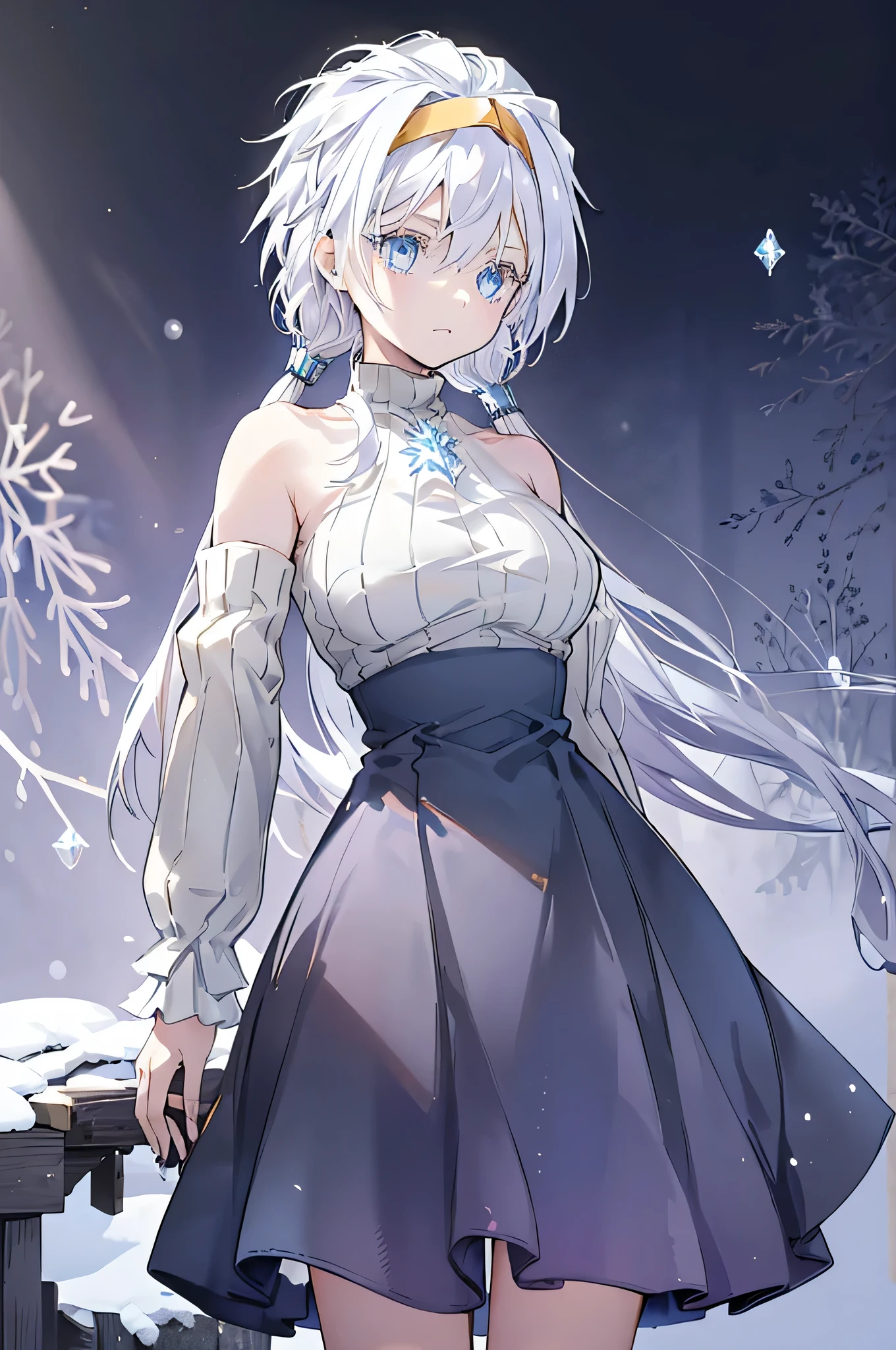 Young woman, long flowing white hair, blue eyed tinged with a shade of lavender, delicate skin, perfectly shaped hands, detailed hands covered in an icy aura. life-like portrayal, cold glinted eyes, masterfully crafted features, black cloak, black and cold detached sleeves, medium length combat dress, turtleneck jumpsuit, golden ornaments, gold headband