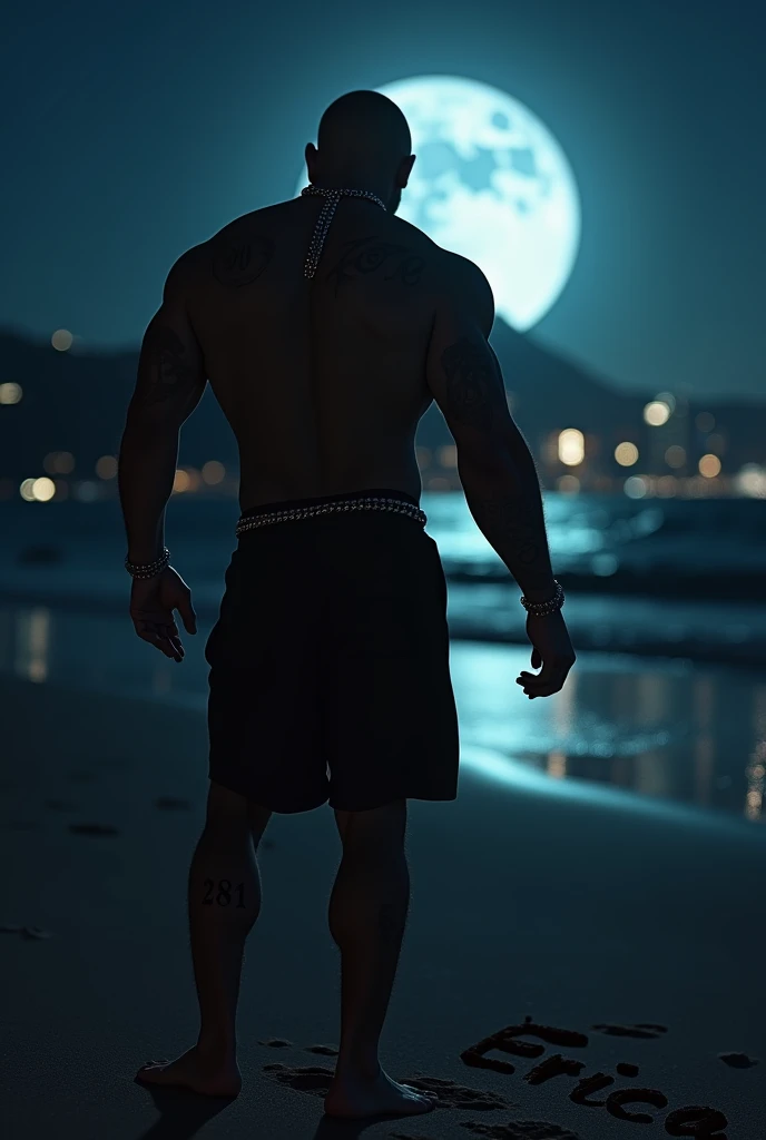 work of art, best qualityer, high resolution, retrato em close, mascle focus, focus only, muscular, burly, velues, mascle, one men, em um mar, with half the body submerged in water, behind a starry sky with a moon in the center, penis, amazing composition, from front view, HDR, volumetric lighting, ultra quality, chic, highy detailed