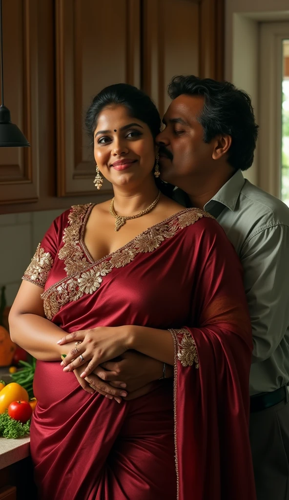 a 21 year old handsome boy with a beautiful gorgeous plump 45 years old indian woman in kitchen, man holding woman waist and uplifting