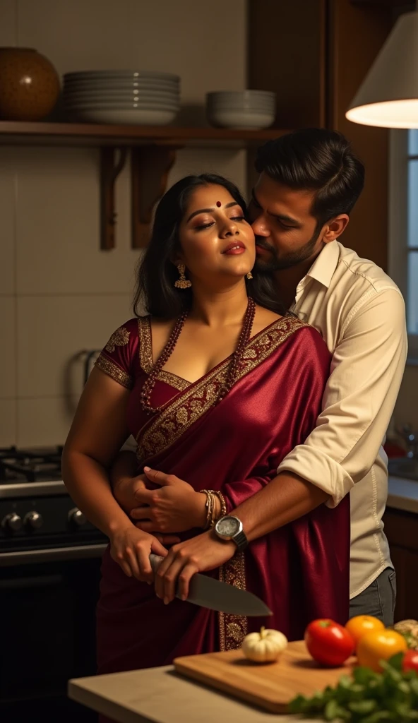 a 50-year-old shirtless man affectionately hugging and kissing aradiant, full-figured South Indian plus-sized 30 year old teacher wearing a off white silky saree in dressing room, captured in a full-body image with vibrant hues and meticulous details. Full body image