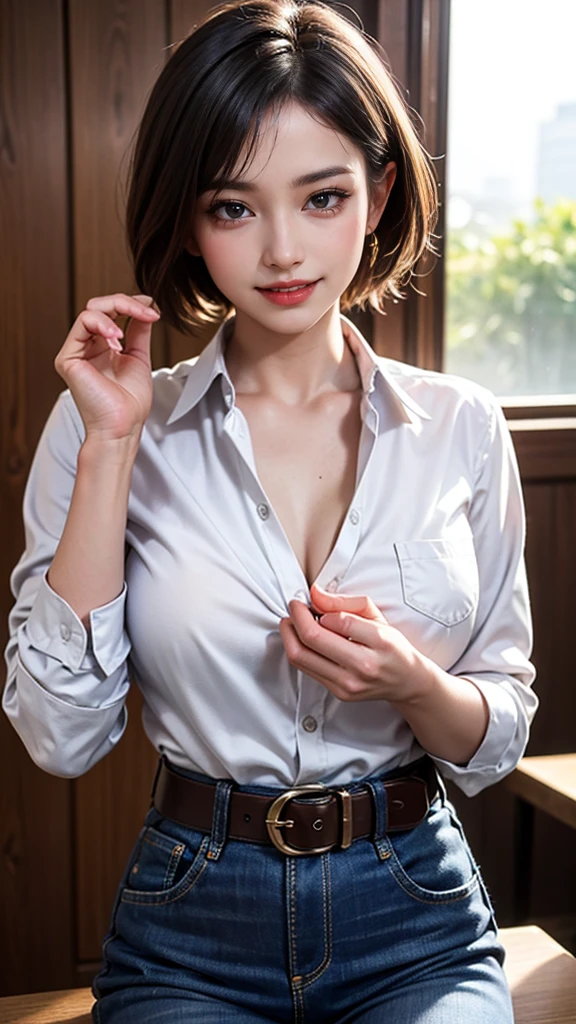 (masterpiece:1.3), (8K, Photorealsitic, Raw photography, Top image quality: 1.4), Japan high school girls、(very short-haired、Random hairstyles:1.2,)、cleavage of the breast:1.2、Super Detail Face、Eye of Detail、二重まぶた、Bring your chest together、foco nítido:1.2、prety woman:1.4、light brown hair、top-quality、masterpiece、超A high resolution、(Photorealsitic:1.4、Being in the classroom、Japan High School Student Uniform、Button shirt with collar、Short pleated skirt、Ribbon tie、Breast bulge)、Highly detailed and professional lighting smile、slender、serious facial expression、short-haired、Fatal position